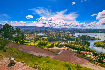 Scenic view of river amidst field against sky