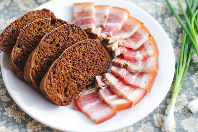 High angle view of bread in plate on table
