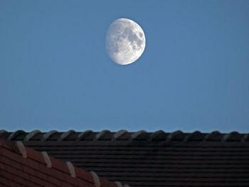 Low angle view of moon on roof against sky