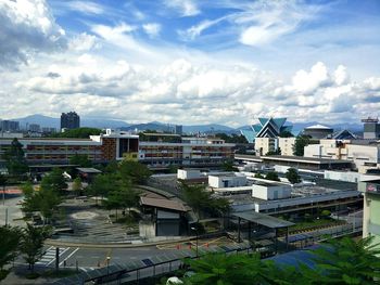 High angle view of buildings against sky