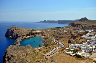 Heart-like laguna with the lindos town on rhodes island