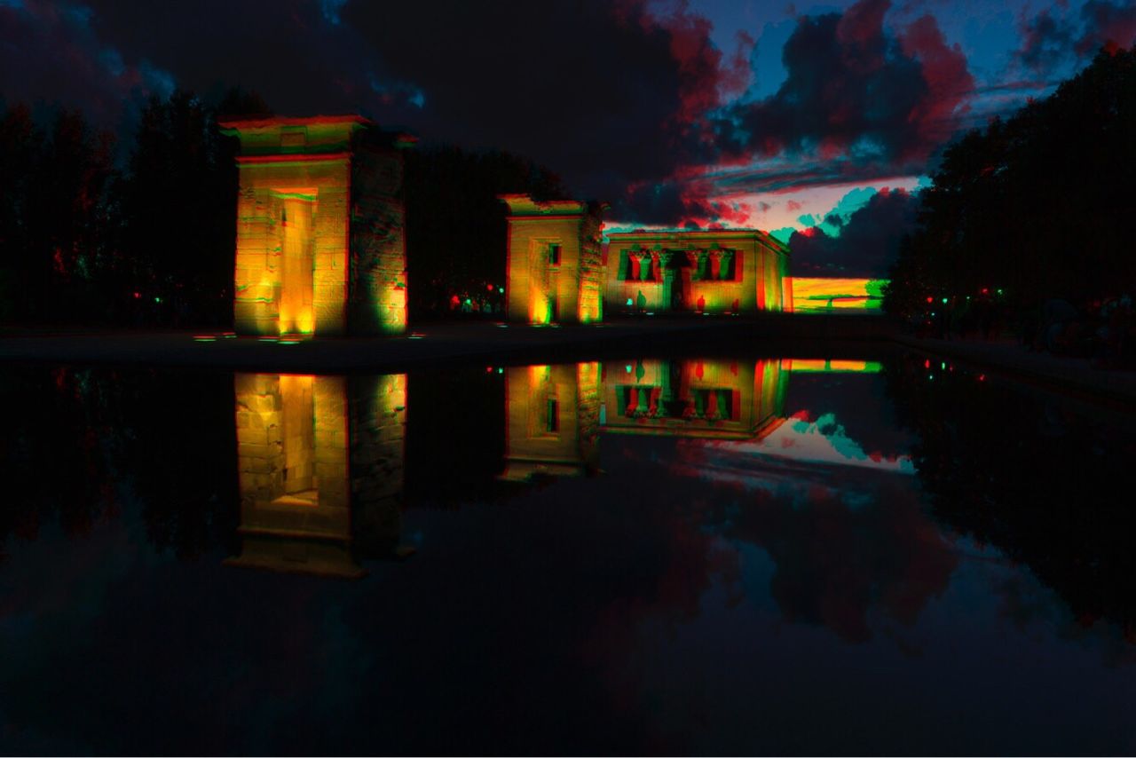 architecture, built structure, reflection, night, building exterior, history, illuminated, sky, water, no people, ancient, travel destinations, outdoors, ancient civilization