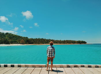 Rear view of man looking at sea against sky