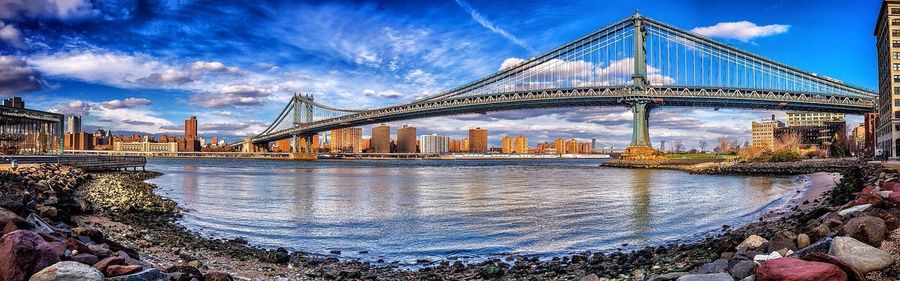 Bridge over river with cityscape in background