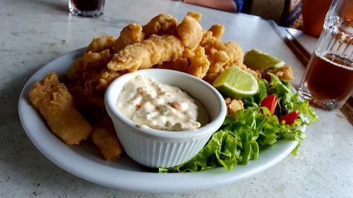 Close-up of meal served on table