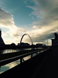 Bridge over river with city in background