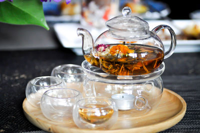 Close-up of tea in glass on table