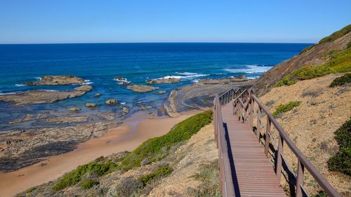 Scenic view of sea against clear blue sky