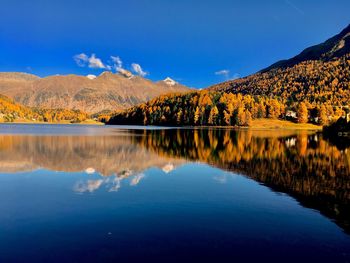 Scenic view of lake by mountains against blue sky