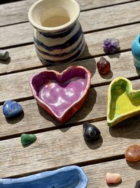 High angle view of ceramics on table