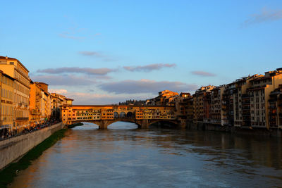 Bridge over river by buildings against sky in city