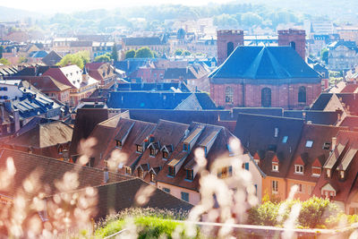 High angle view of buildings in city