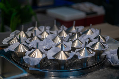 High angle view of umbrellas on table