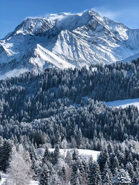 Scenic view of snow covered mountains