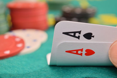 Close-up of cards with gambling chips