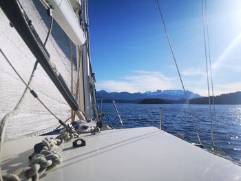 Sailboat sailing on sea against sky