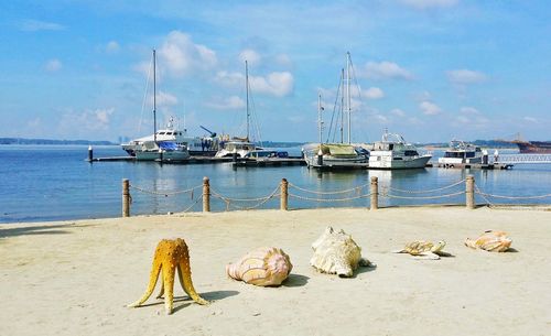 Seashells sculptures on shore by boats moored at sea