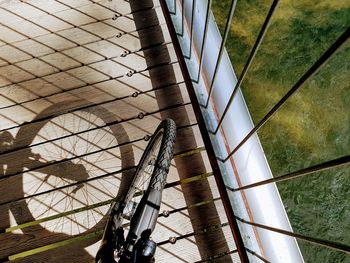 High angle view of bicycle tire on balcony