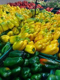 Close-up of yellow bell peppers for sale in market