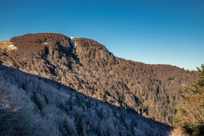 Scenic view of rocky mountains against clear blue sky