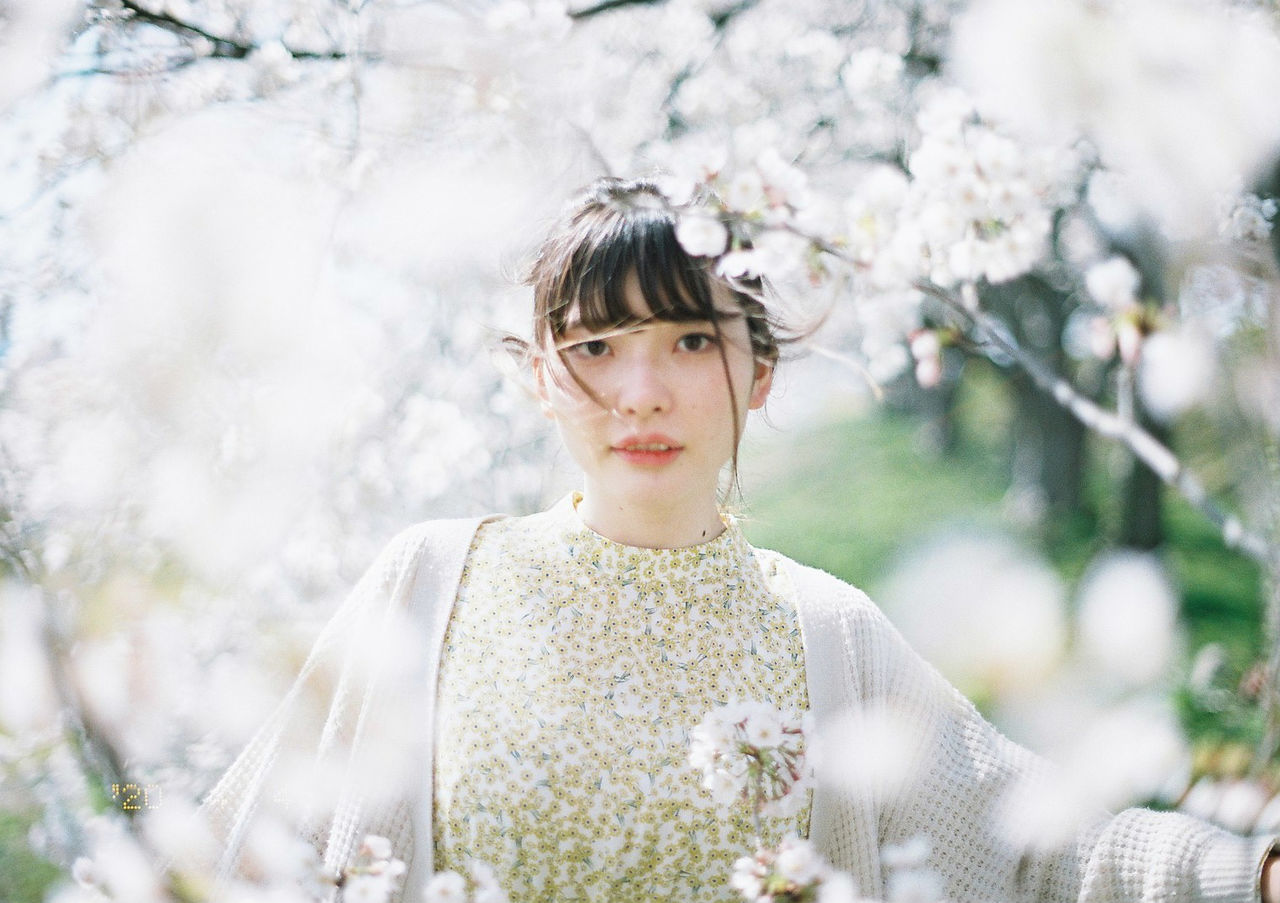 PORTRAIT OF YOUNG MAN STANDING AGAINST CHERRY BLOSSOM