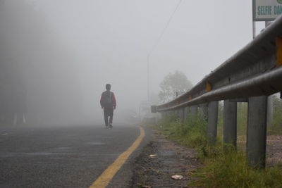 Rear view of a child walking on road