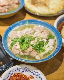 High angle view of soup in bowl on table