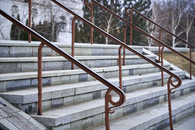 Close-up of railing on snow covered metal during winter