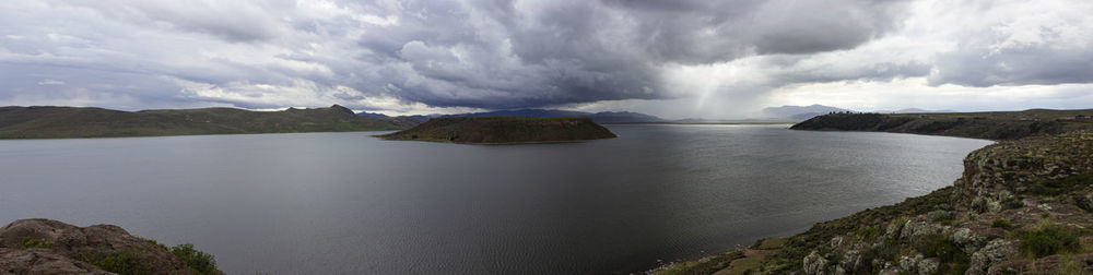 Panoramic view of sea and rocks against sky