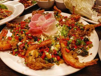 High angle view of food in plate on table