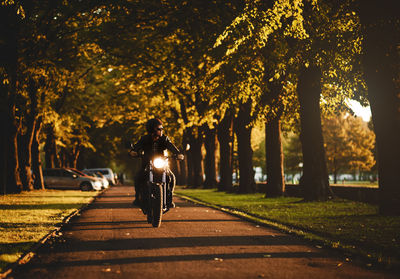 Man riding bicycle on road in city