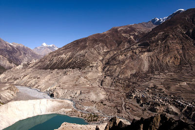 Scenic view of snowcapped mountains against clear sky