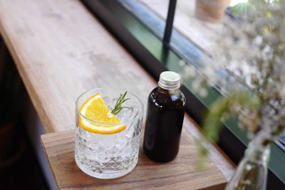 High angle view of drink on table