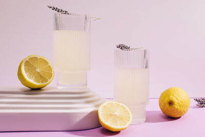 High angle view of fruits in glass on table