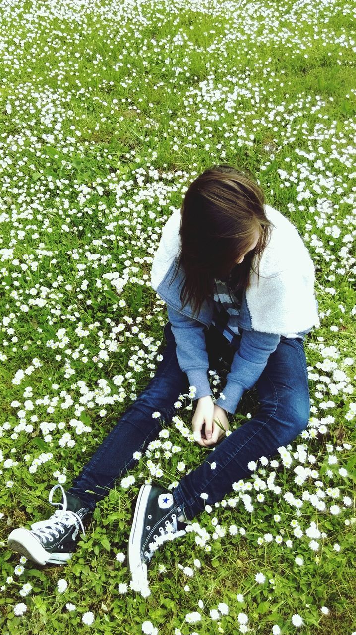 lifestyles, leisure activity, casual clothing, tree, plant, growth, childhood, flower, rear view, standing, full length, park - man made space, girls, person, elementary age, human representation, holding, day