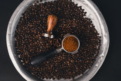 High angle view of coffee beans on table