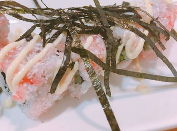 Close-up of sushi served in plate