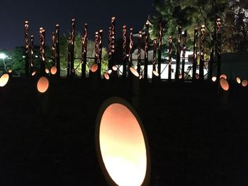 Close-up of illuminated trees against sky at night