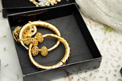 High angle view of bangles in box