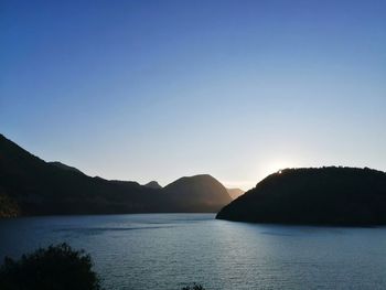 Scenic view of lake by mountains against clear sky