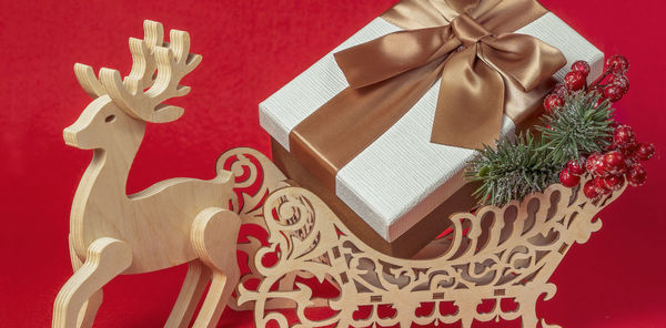 Close-up of christmas decorations on red box