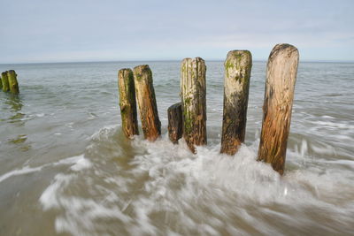 Wooden posts in sea against sky