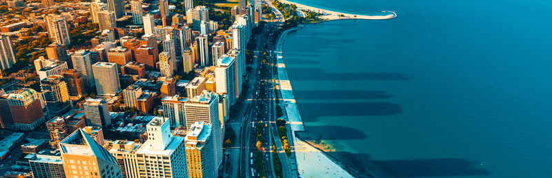 Aerial view of cityscape and sea