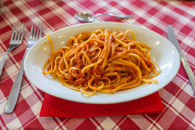 High angle view of noodles in plate on table