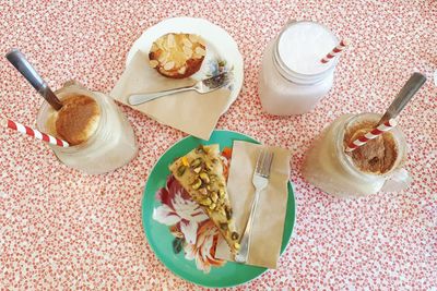 High angle view of breakfast on table