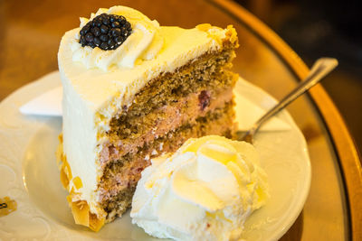 Close-up of dessert served on table