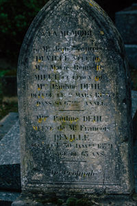 Close-up of text on stone at cemetery