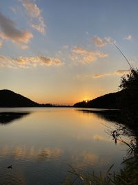 Scenic view of lake against sky during sunset