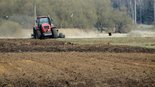 Farmer plows farmland in the spring