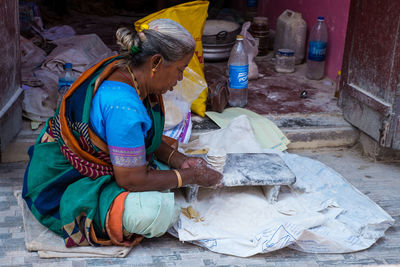 High angle view of woman working